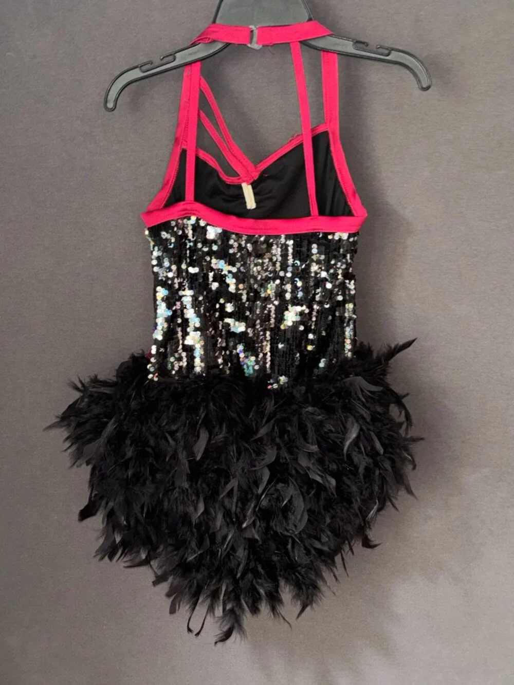 Weissman Black Pink Sequin Feather Bustle Halter Dance Costume Leotard LC